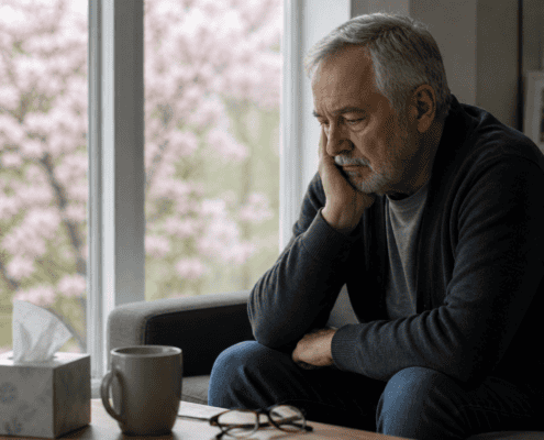 older man sitting on couch with spring depression