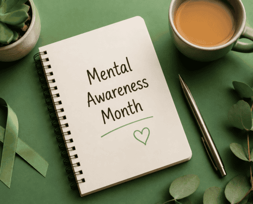 mental health awareness month green notebook leaf and coffee
